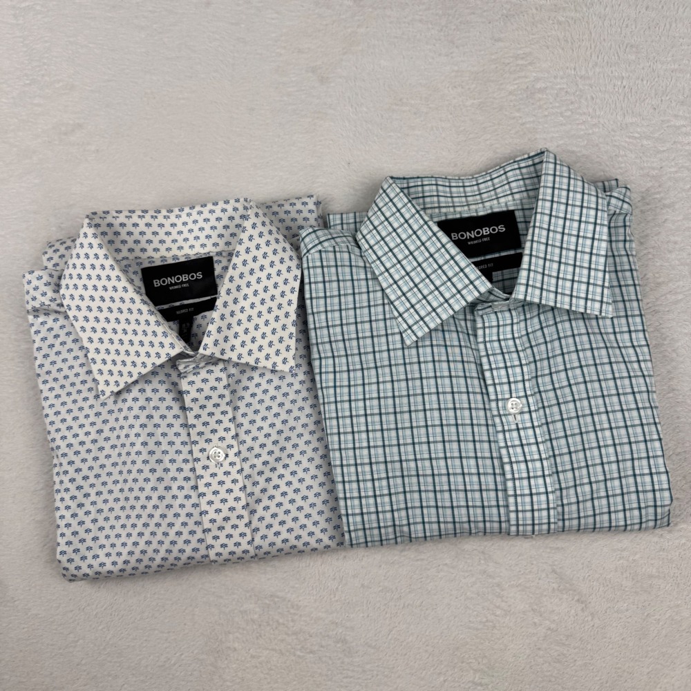 [Lot of 2] Bonobos Dress Shirts Mens 15.5x34 White Blue Floral Plaid 
Tailored